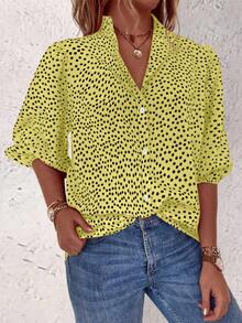 EMERY ROSE Plus Size Women Floral Print Contrast Color Single-Breasted Casual 90s Shirt Tea Party Light Yellow Summer - Apricot - View 4