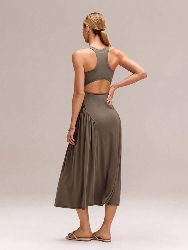 SoftCalm Modal Crewneck Cutout Flowy Wide Hem Racerback Maxi Dress With Removable Cups Daily Casual Summer Wear