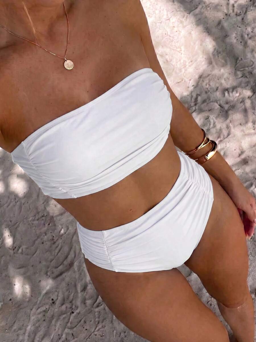 Swim Vcay Bộ bikini xếp nếp Bandeau màu trơn dành cho nữ mùa hè - trắng - Xem 1