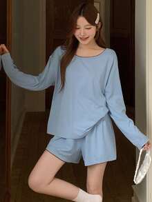 DAZY Women's Solid Color Minimalist Long Sleeve Top And Shorts Pajama Set - Blue - View 7