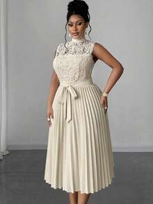 Maweii Plus Size Women Lace Sleeveless Elegant Ninang Party Formal Wedding Midi Dress, Summer Beige - Apricot - View 7