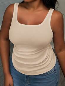 Slaydiva Women Plus Size Casual Basic Racerback Sleeveless Deep V-Neck Ribbed Side Ruched White Semi-Sheer Tank Top - Beige - View 4