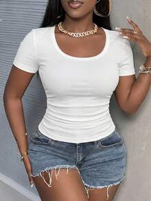 Slaydiva Minimalist Casual Basic V-Neck Sleeveless Tight Ruched Rib Knit Stretchy White Tank Top For Women Home Summer - White - View 4