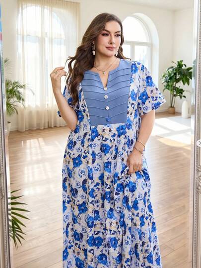 Al Najma Casual Floral Print Patchwork Solid Color Notched Neck Short Sleeve Loose Regular Spring/Summer Plus Size Women Arabic Dress