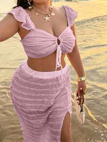 NU&NOW Plus Size Women 2-Piece Set: Adjustable Tie Cropped Top & High Slit Skirt, Textured Knit Fabric - Pink - View 4