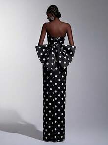 Elitara Elegant Luxurious Polka Dot Digital Print Satin Handmade Big Bow Decor Strapless Straight Dress, Reference For Women's Formal Evening Gown - Black and White - View 2