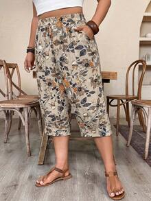 Weeklong Plus SizeCasual Imitation Linen Cropped Pants - Khaki - View 4