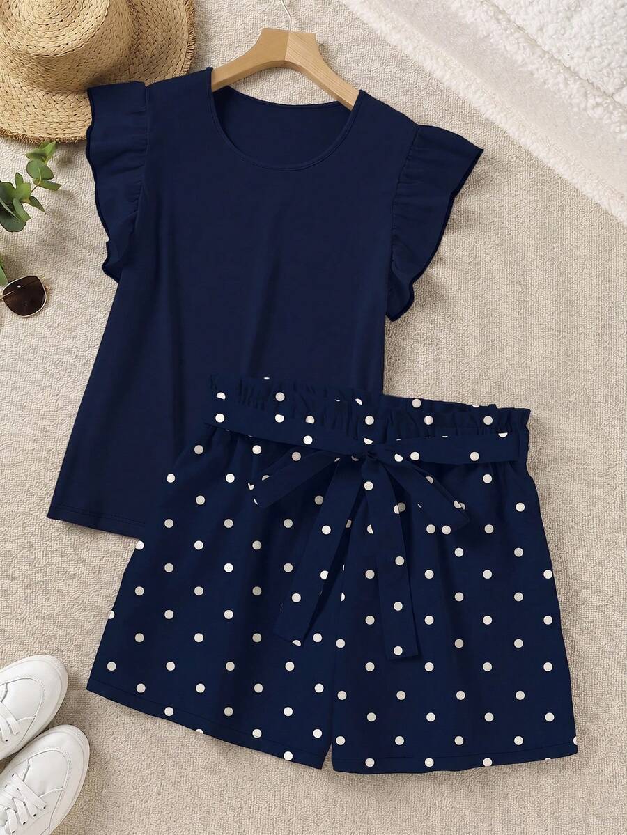 SHEIN LUNE Plus Size Women's Solid Color Round Neck Ruffle Sleeve Top And Polka Dot Print Shorts 2 Pieces Set - Navy Blue - View 1