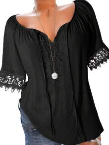 SHEIN LUNE CURVE Plus Size Women Fashion Resort Textured Lace Patchwork Tie Front Shirt - Black - View 5
