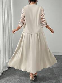 Modelyn Apricotfarbenes Top kombiniert mit Midi-Rock mit elastischem Bund, Dekor mit Kunstperlen, elegantes, damenhaftes Modeset in zwei Teilen - Aprikosenfarben - Übersicht 2