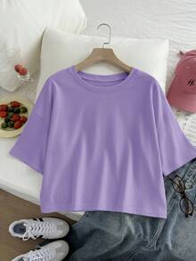 Comfortcana Purple Solid Color Dropped Shoulder Casual Plus Size T-Shirt - Purple - View 3