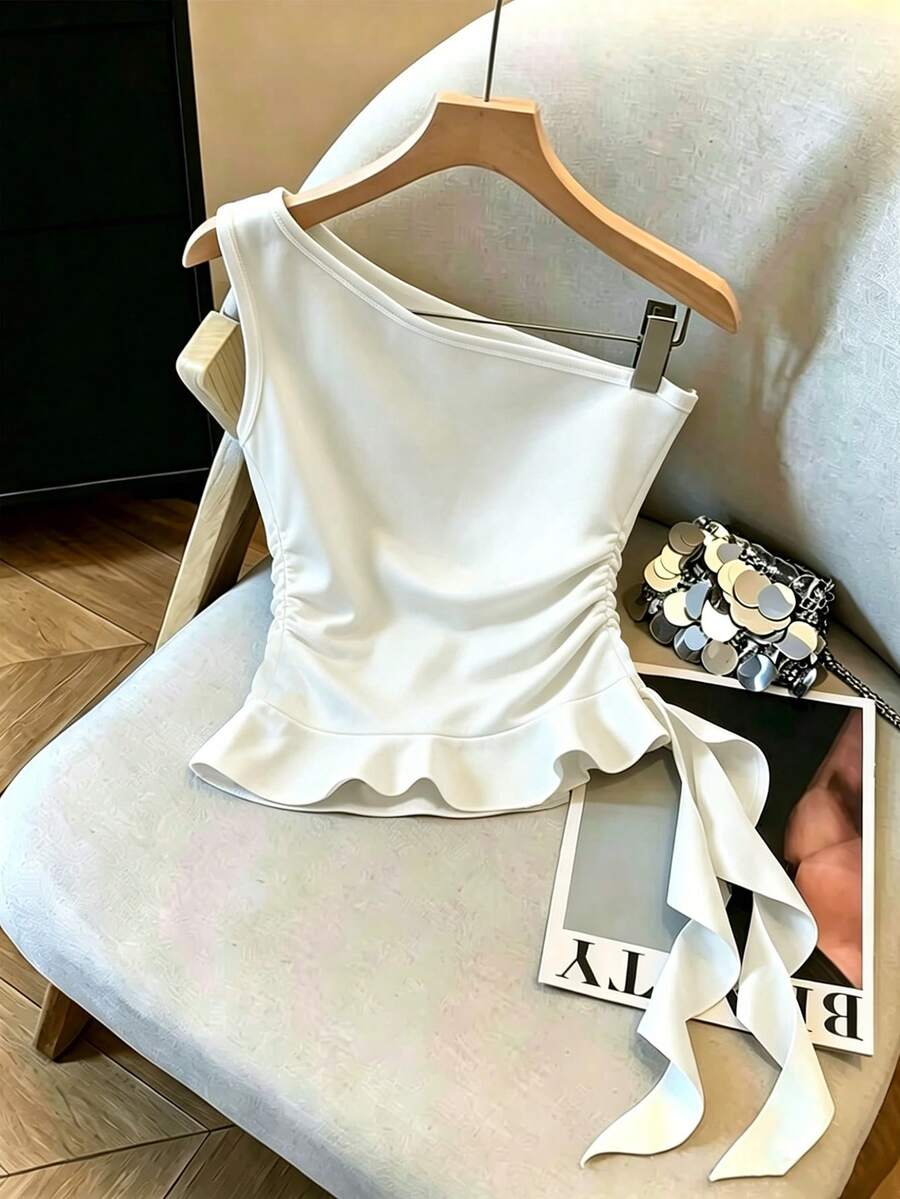 GlowEve CURVE Plus Size Ruffled Shoulder Spring/Summer Fashionable Elegant Women Tank Top - White - View 1