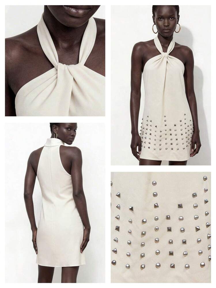 SHEIN Maija Women's White And Silver Summer Mini Dress,Halter Metal Decoration Seksi Chic Party Night Outfit,Minimalist Solid Casual Vacation Festival Clothes