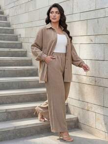 Auveirra Western Style Beach Vacation Solid Color Faux Denim Linen Loose Casual Plus Size Women 2 Pieces Set, Spring/Autumn Lounge Sets For Women Elegant - Khaki - View 4