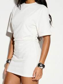 KIZN Fitted Short Sleeve Mini Dress With Crew Neck Bodycon Silhouette Everyday Daytime White Summer Basic Modest Holiday - White - View 4