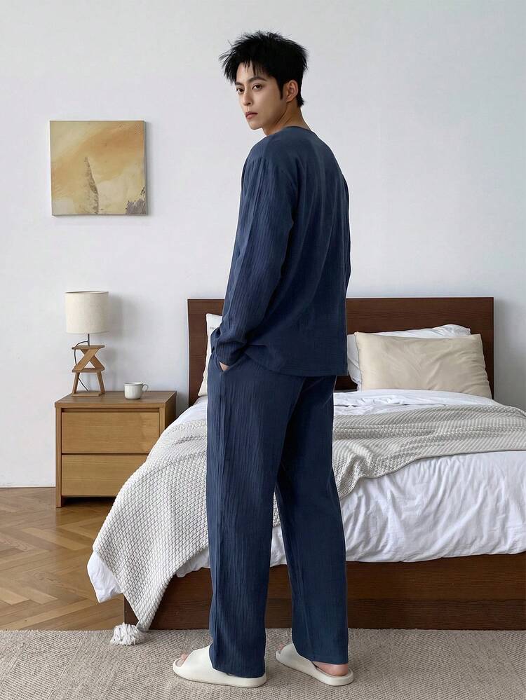 Navy Blue Long Sleeve Pajama Set With Pants For Men Summer