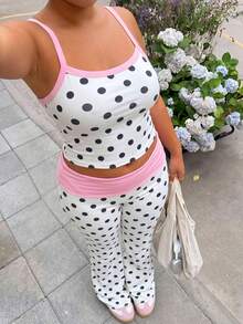 GalTyme 大码女式波点吊带背心和撞色长裤休闲两件套 - 彩色 - 查看 3