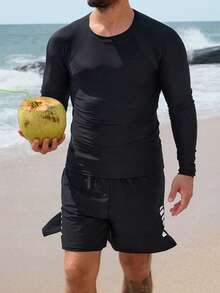DAZY Black Long Sleeve Fitted Suit With Faux Shorts, Vacation Style Men's New Beach Set Summer - Black - View 1