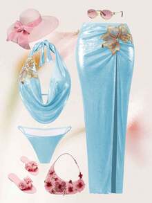 Swim Oasis 女士沙滩套装，粉色箔面面料，珠光闪亮，深V领露背比基尼上衣搭配高腰长裙，时尚休闲度假甜美优雅性感高级女士泳装套装 - 藍色 - 查看 2