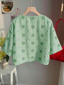 Comfortcana Áo sơ mi nữ cỡ lớn màu xanh lá cây kẻ caro thêu hoa, cổ nơ, chất liệu dệt kim. - màu xanh lá - Xem 2