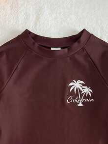 SHEIN Baby Boy Coconut Tree Print Long Sleeve Top And Striped Print Swim Trunks - Red - View 3