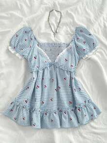 Elamini Áo kiểu nữ mùa hè kẻ caro in hình quả anh đào, cổ chữ V sâu, tay bồng, dáng chữ A, tay cánh hoa, phong cách thường ngày. - Nhiều màu - Xem 1