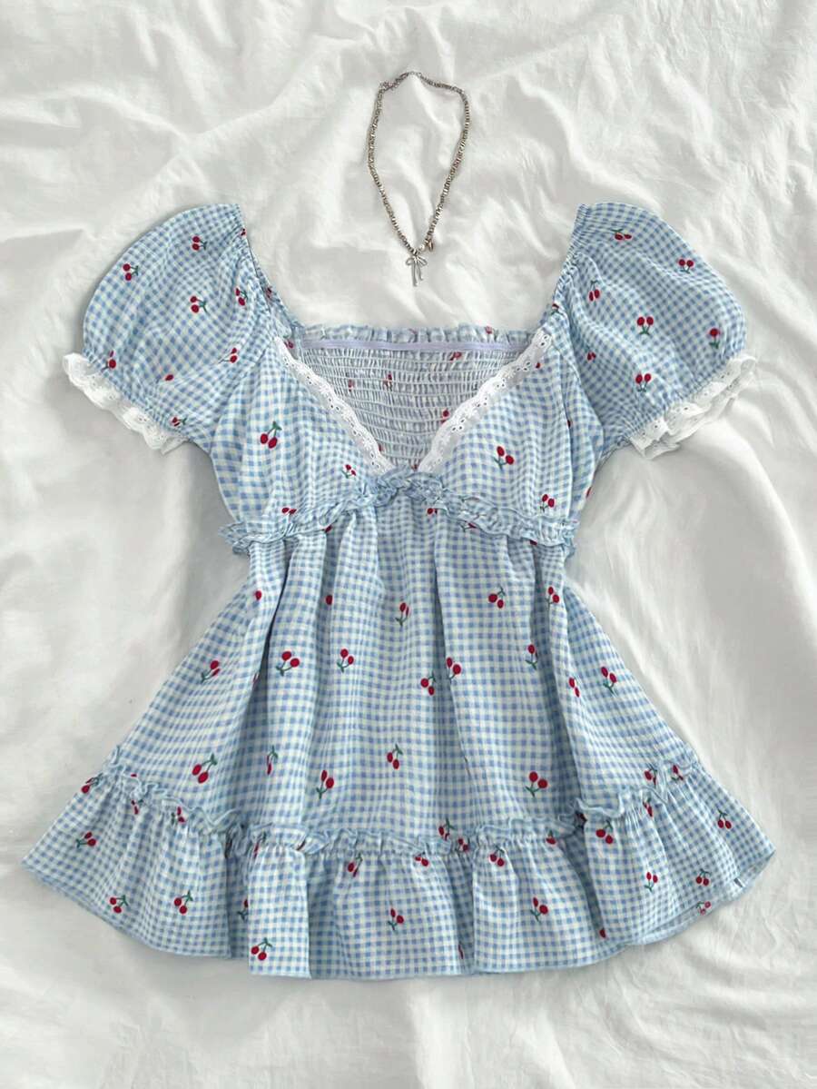 Elamini Áo kiểu nữ mùa hè kẻ caro in hình quả anh đào, cổ chữ V sâu, tay bồng, dáng chữ A, tay cánh hoa, phong cách thường ngày. - Nhiều màu - Xem 1