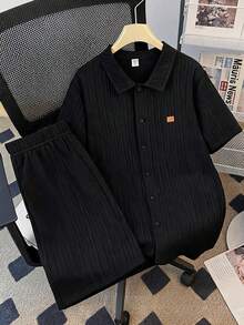 SHEIN 青少年男孩 2件組休閒百搭紋理短袖襯衫與短褲套裝 男孩黑色短套裝 - 黑色 - 查看 8