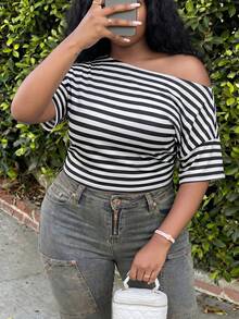 Slaydiva Plus Size Summer Casual Striped Asymmetric Collar Cinched Waist T-Shirt - Black and White - View 5