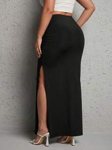 SHEIN PETITE CURVE Váy nữ cỡ lớn màu trơn thiết kế xẻ tà, kiểu dáng thường ngày, đa năng, thích hợp cho buổi hẹn hò. - màu đen - Xem 6