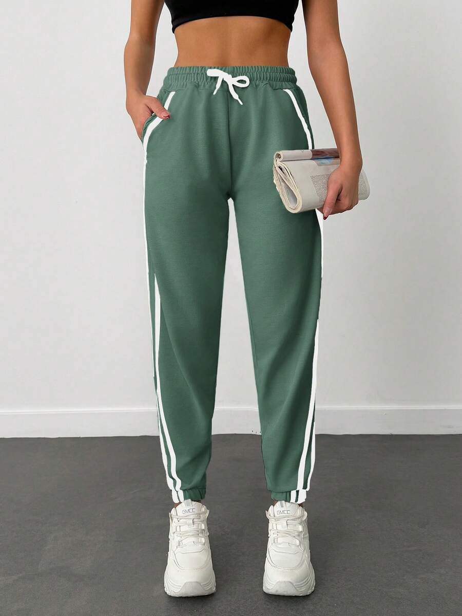 EURMUSE 95% Cotton Contrast Side Seam Drawstring Waist Sweatpants - Green - View 1