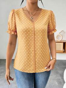 RosyDaze Blus Chiffon Polkadot Prancis Modis untuk Wanita, Kemeja Lengan Pendek Elegan dan Berkerut untuk Musim Panas - Kuning - View 6