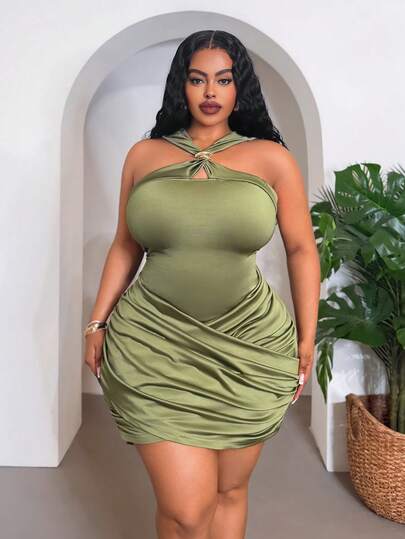 Veslaya 2026 Spring/Summer Plus Size Women's Music Festival, Beach Birthday Party, Anniversary, Graduation, Versatile Cruise Travel Wrap Neck Wrap Front Fitted Dress