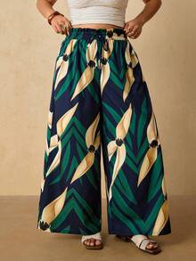 Travachic Plus Size Casual Vacation Floral Print Wide Leg Pants - Multicolor - View 4