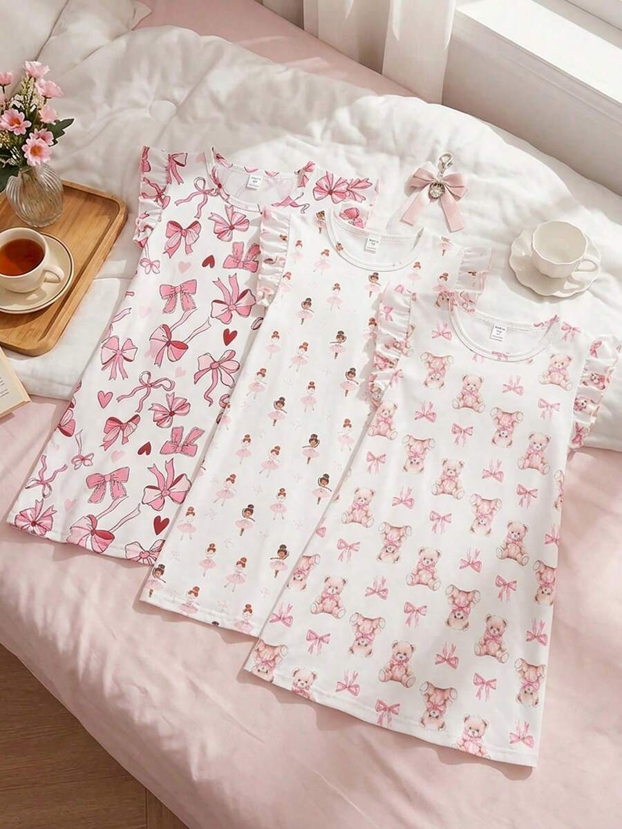 3件套 女童舒适时尚爱心印花短袖荷叶边休闲睡衣家居服套装,春夏款 - 彩色 - 查看 1