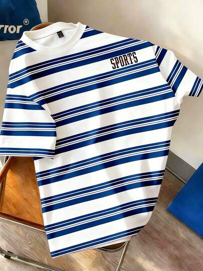Manfinity Joysei Modischer lässiger Retro-Kontrast-Farbstreifen Digital-Muster Standard-Größe Herren Slim Fit Kurzarm T-Shirt, geeignet für Dates, Zusammenkünfte, Essentials, passend für Paar, Familien-Matching, tolles Geschenk für den Freund