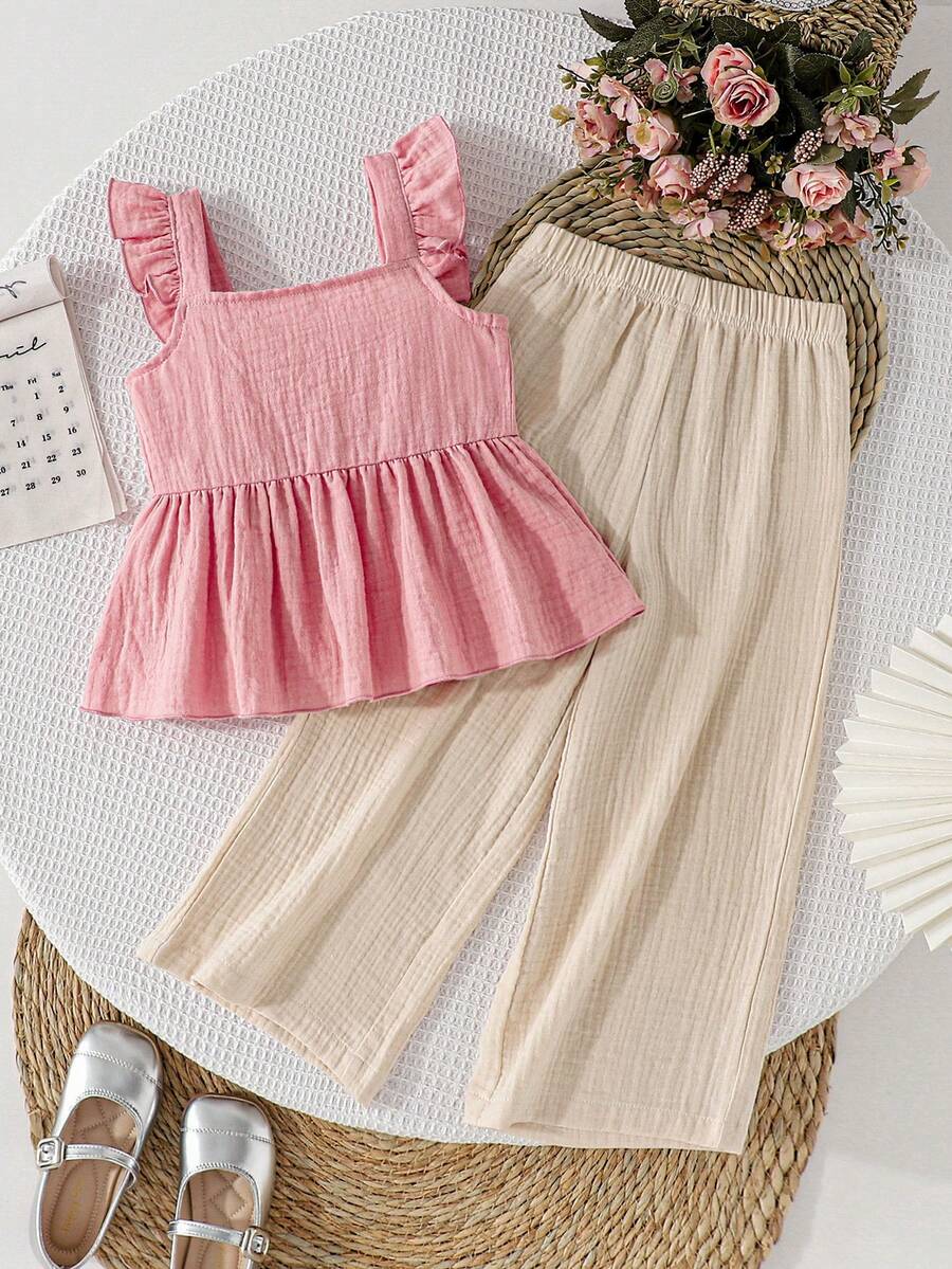 SHEIN Genkimix Kids Young Girl Solid Color Ruffle Top And Wide Leg Pants Casual 2 Pieces Set - Multicolor - View 1