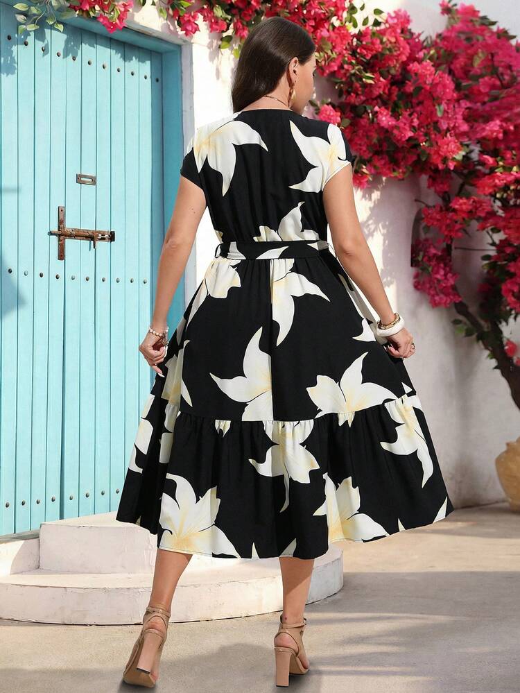 Plus Size Women V-Neck Floral Print Ruched Casual Party Dress,Summer Outfits For Women ,Going Out Outfits,Vacation Outfits Women,Summer Holiday Outfits,Holiday Dresses ,Casual Dresses For Women ,Floral Dresses For Women