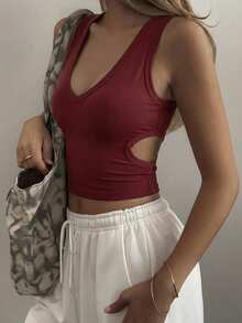 DAZY 女士夏季圆领露背镂空修身短款休闲性感吊带背心 - 酒紅色 - 查看 1