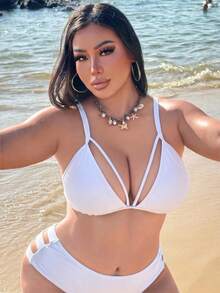 Swim SXY Plus Size Women Solid Color Sexy Bikini Top, Suitable For Beach Wear In Summer White - White - View 5