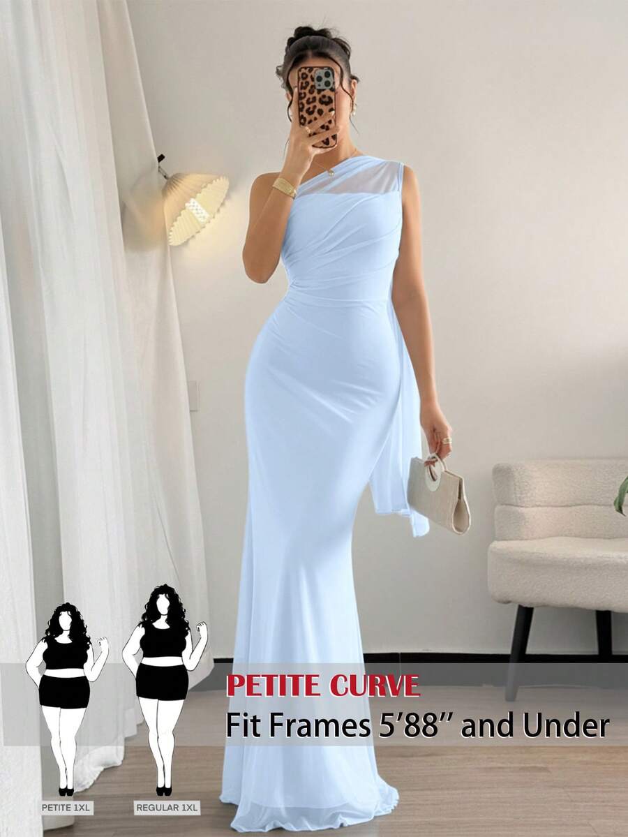 SHEIN Tall CURVE CURVE 大尺碼女款天藍色夏季優雅婚禮賓客不對稱肩無袖長版洋裝，高腰長款派對禮服
