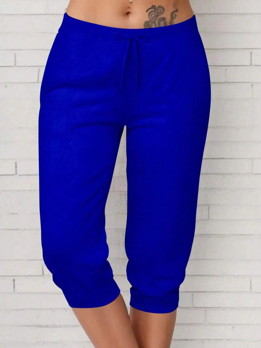 Tropvida Plus Size Women Heart Print Lace-Up Casual Capri Pants - Royal Blue - View 1