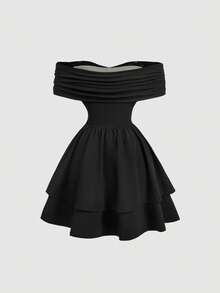 SHEIN MOD Women's Elegant Lace Patchwork Off-Shoulder Summer Dress - Black - View 5