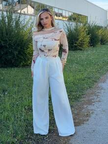 Jeta Ari Autumn Knitted Sexy Sheer Mesh Ribbon Print T-Shirt Casual Vacation - Multicolor - View 6