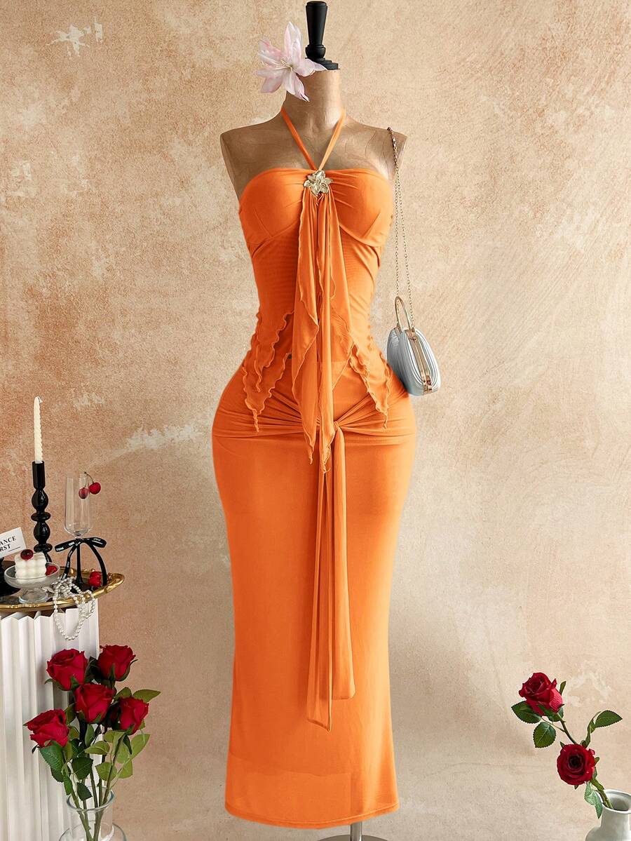 Soleia 2pcs/Set Women's Summer Vacation Halter Neck Ruffle Trim Top And Skirt Set,Summer Outfits For Women - Orange - View 1