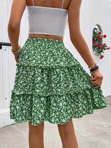 Breezaya Rok Bertingkat Motif Bunga untuk Liburan Musim Semi/Panas, Warna Hijau Boho, Model Mengembang - Dark Green - View 2