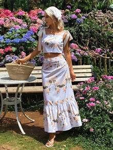 DAZY Bộ 2 món cho nữ, áo croptop và chân váy họa tiết hoa nhí buộc dây phía trước, trang phục thanh lịch cho kỳ nghỉ ở vùng quê. - Màu xanh lam - Xem 4