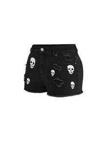 ROMWE Goth Plus Size Ripped Design Skull Print Stretchy Sexy 70's Mini Denim Shorts Black Versatile Date Night Rodeo Summer - Black - View 6