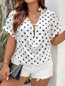 Elenzga Plus Size Summer Casual Polka Dot Print Loose Collar Shirt - Black and White - View 1