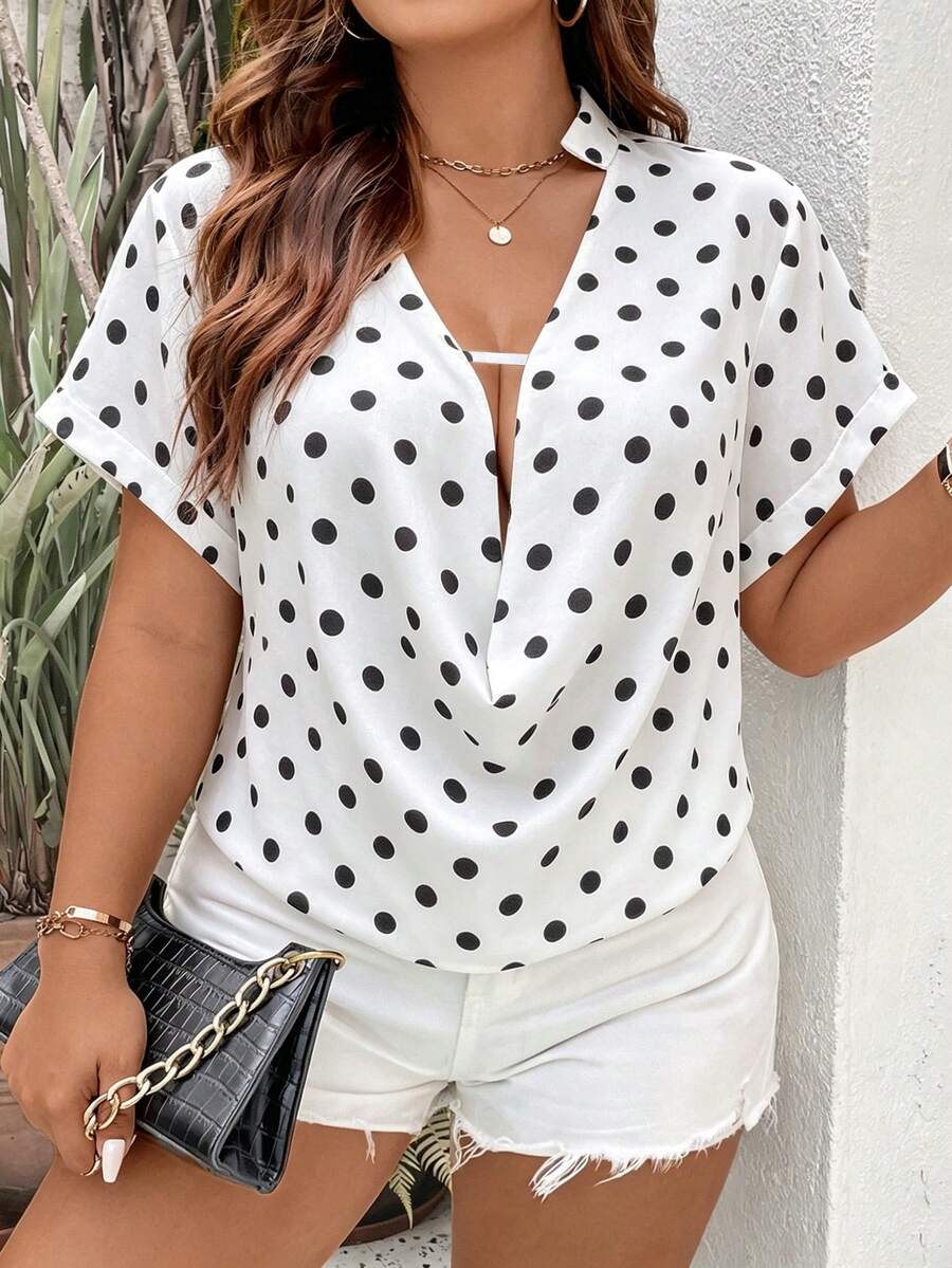 Elenzga Plus Size Summer Casual Polka Dot Print Loose Collar Shirt - Black and White - View 1